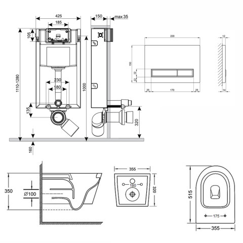 Готове рішення Qtap для ванної кімнати: підвісний унітаз Swan Rimless 520х360х320 + комплект інсталяції Nest 4 в 1 (лінійна клавіша White)