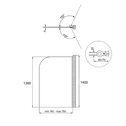 Штора на ванну Qtap Standard BLM407513APR скло Pear 6 мм, 75х140 см, права