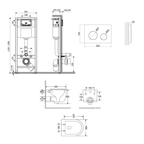 Готове рішення Qtap для ванної кімнати: підвісний унітаз Taurus Ultra Quiet 485×360×350 + комплект інсталяції Nest 4 в 1 (кругла клавіша White)