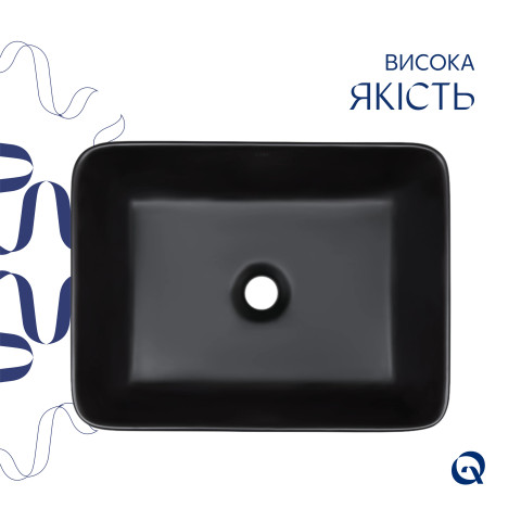 Комплект Qtap Tern: Раковина накладна прамокутна 480х370х135 мм Matt Black + Донний клапан PU03