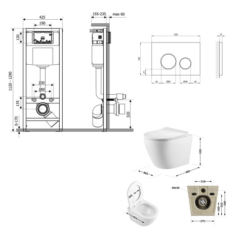 Готове рішення Qtap для ванної кімнати: підвісний унітаз Robin Ultra Quiet 520x365x365 + комплект інсталяції Nest 4 в 1 (кругла клавіша Satin)
