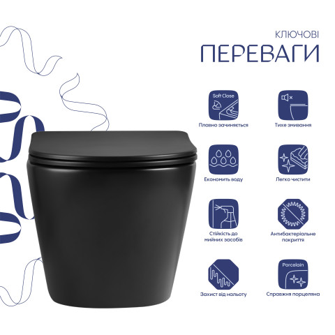 Унітаз підвісний Qtap Jay Ultra Quiet 485х360х320 мм, Matt Black, сидінням Slim Duroplast/ Soft-close/ Quick Relase QT07335177MB