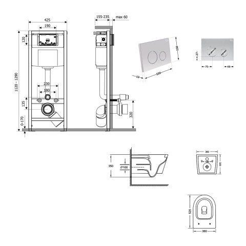 Готове рішення Qtap для ванної кімнати: підвісний унітаз Jay Ultra Quiet 520x360x320 + комплект інсталяції Nest 4 в 1 (кругла клавіша Satin)