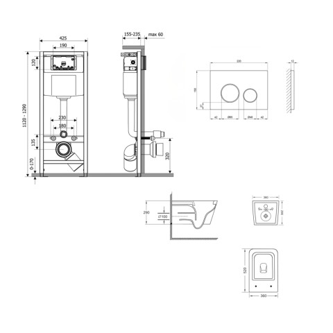 Готове рішення Qtap для ванної кімнати: підвісний унітаз Crow Ultra Quiet 520x360x290 + комплект інсталяції Nest 4 в 1 (кругла клавіша Satin)