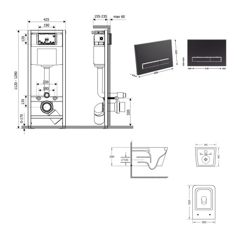 Готове рішення Qtap для ванної кімнати: підвісний унітаз Crow Ultra Quiet 520x360x290 + комплект інсталяції Nest 4 в 1 (лінійна клавіша Matt Black)