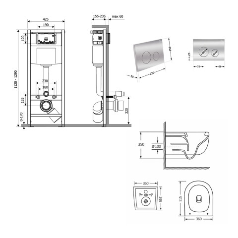 Готове рішення Qtap для ванної кімнати: підвісний унітаз Taurus Ultra Quiet 515×360×350 + комплект інсталяції Nest 4 в 1 (кругла клавіша Chrome)
