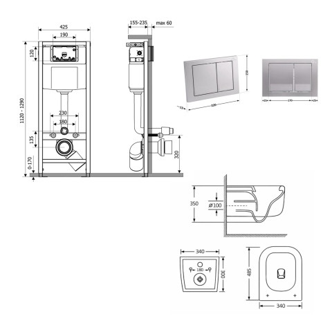 Готове рішення Qtap для ванної кімнати: підвісний унітаз Gemini Ultra Quiet 485×340×350 + комплект інсталяції Nest 4 в 1 (квадратна клавіша Satin)
